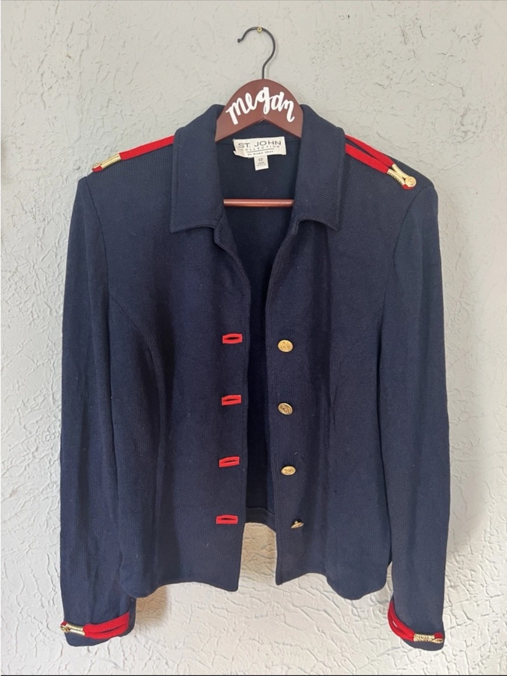 VTG ST JOHN By MARIE GRAY SANTANA KNIT RED EPAULETS MILITARY BLAZER JACKET 12